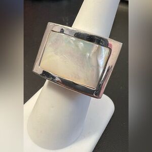 Modernist Rectangular Mother Of Pearl Inlay 18 Kt White Gold Filled Ring Size 7